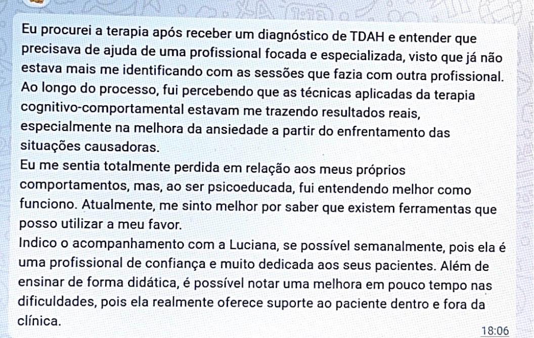 Depoimento de paciente sobre melhora com a terapia cognitivo-comportamental